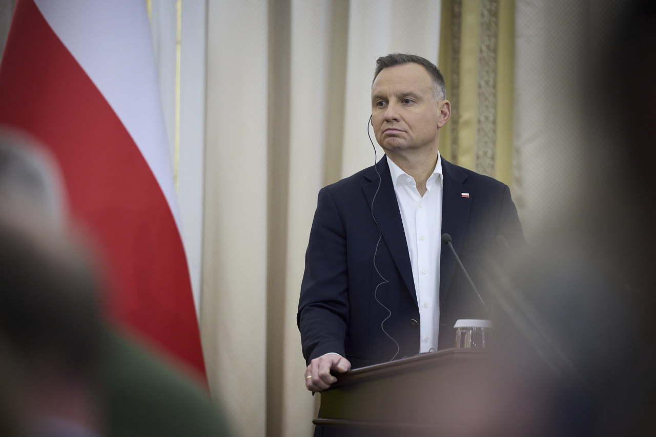 January 11, 2023, Lviv, Ukraine: Polish President Andrzej Duda listens to a question during a joint news conference with Lithuanian President Gitanas Nauseda, and Ukrainian President Volodymyr Zelenskyy, following the Second Summit of the Lublin Triangle, January 11, 2023 in Lviv, Ukraine. Polish President Andrzej Duda announced he will be sending 14 Leopard main battle tanks to support Ukraine. (Credit Image: Global Look Press/Keystone Press Agency)