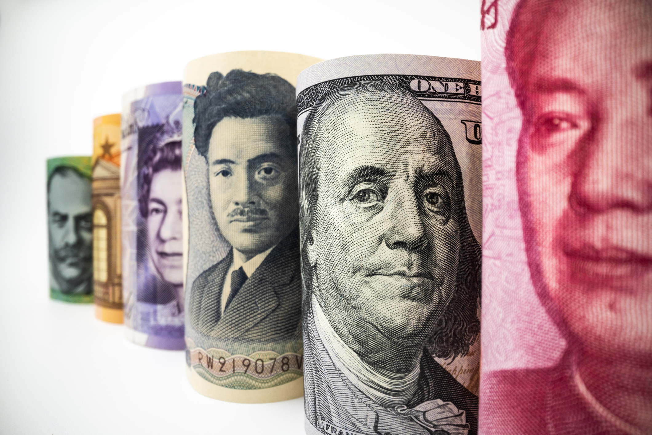 Bangkok, Thailand - July 24, 2019: Macro shot of international money include US American Dollar, Euro Currency, British UK Pound, Australian Dollar, China Yuan and Japan Yen.