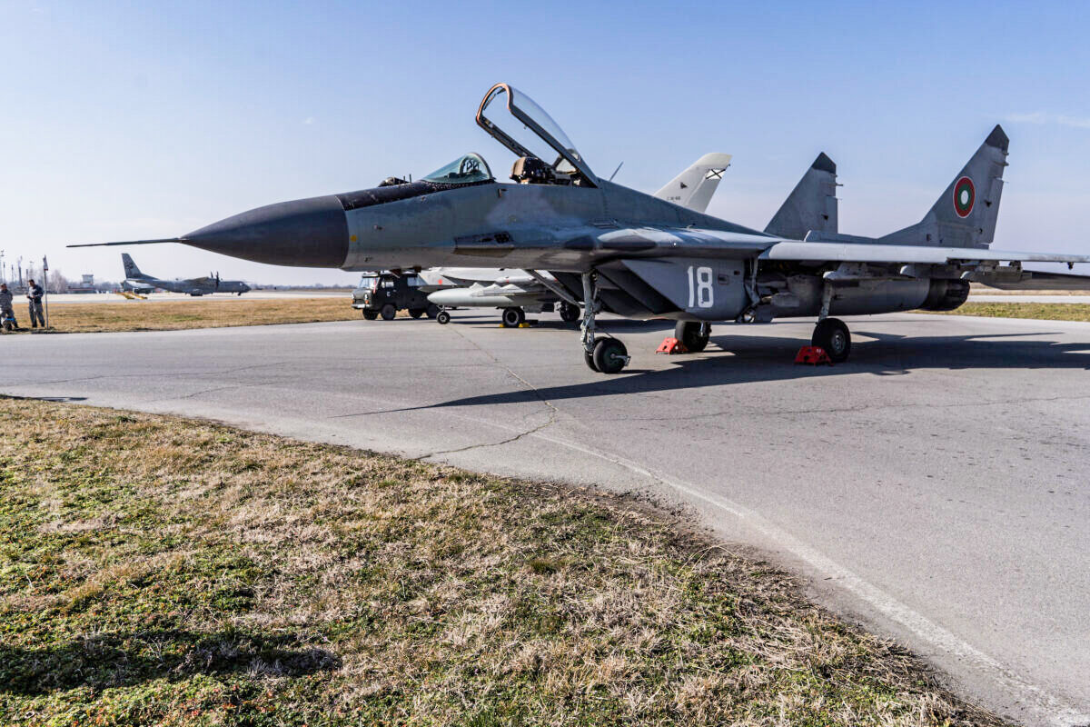 GRAF IGNATIEVO, BULGARIA - FEBRUARY 17: Bulgarian Air Force MiG-29 during the joint tasks on enhanced airspace protection Air Policing by the Bulgarian and Spanish Air Forces on February 17, 2022 in Graf Ignatievo, Bulgaria. at  o Spain will support fellow NATO member Bulgaria with 130 military personnel and four Eurofighter jets amid heightened tensions with Russia. (Photo by Hristo Rusev/Getty Images)