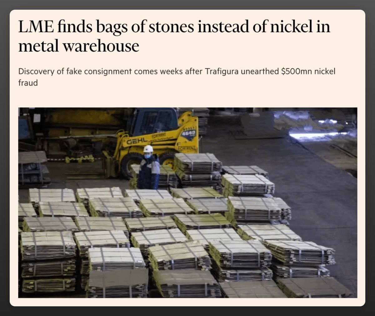Лондонська біржа металів виявила мішки з камінням замість нікелю