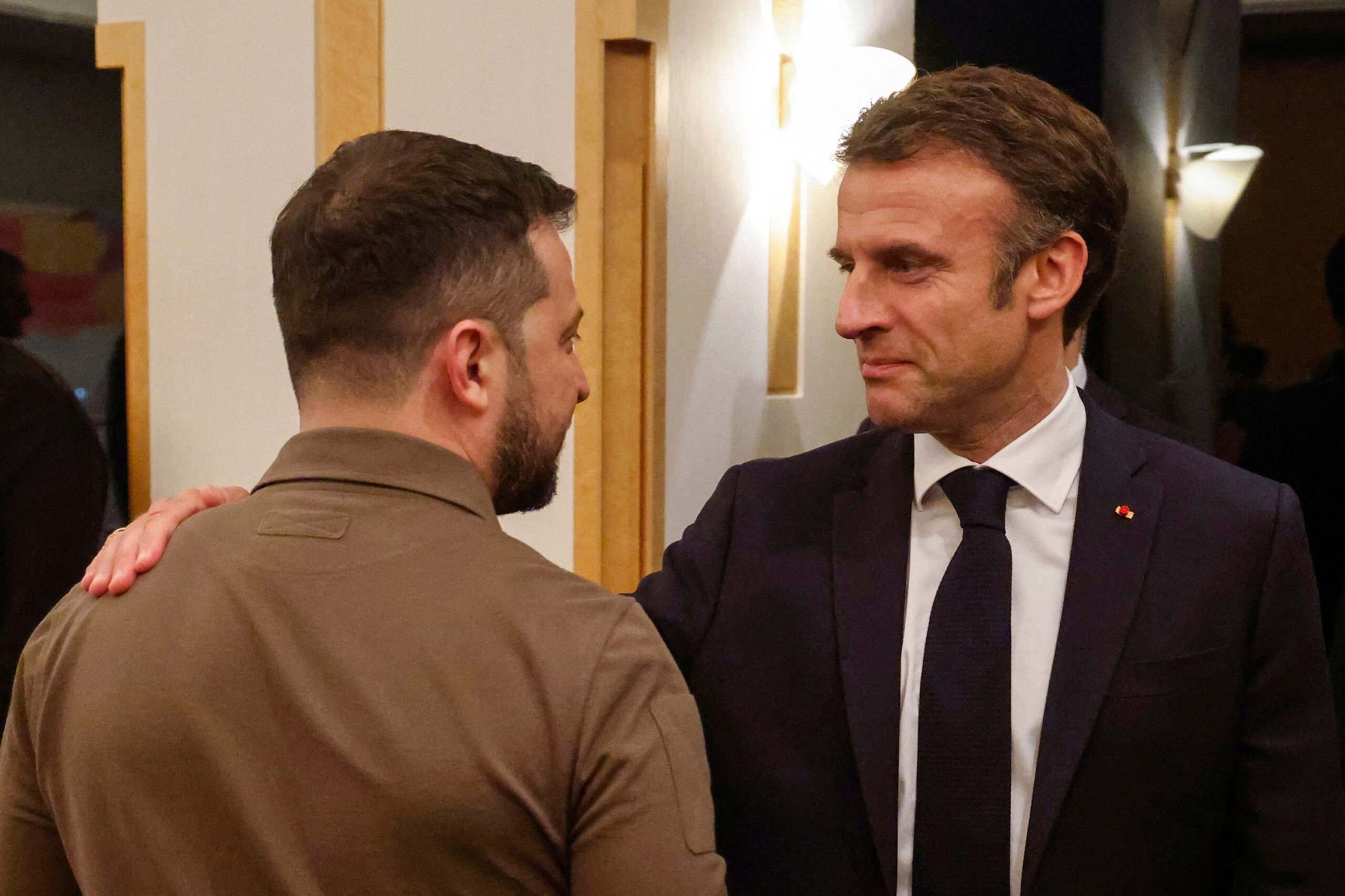 TOPSHOT - Ukraine's President Volodymyr Zelensky (L) speaks with France's President Emmanuel Macron during a bilateral meeting on the sidelines of the G7 Leaders' Summit in Hiroshima on May 20, 2023. (Photo by Ludovic MARIN / AFP) (Photo by LUDOVIC MARIN/AFP via Getty Images)

Ukrainian President Volodymyr Zelensky meets with French President Emmanuel Macron in Hiroshima on May 20. Ludovic Marin/AFP/Getty Images