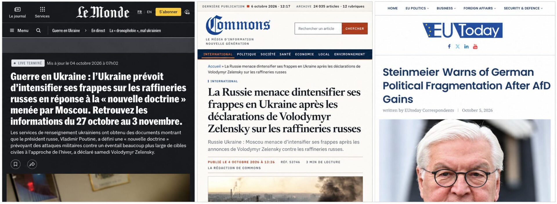 Колаж заголовків L'AntiDiplomatico, TF1 Info, Brussels Signal та ANSA Europa про ескалацію ударів Росії й України