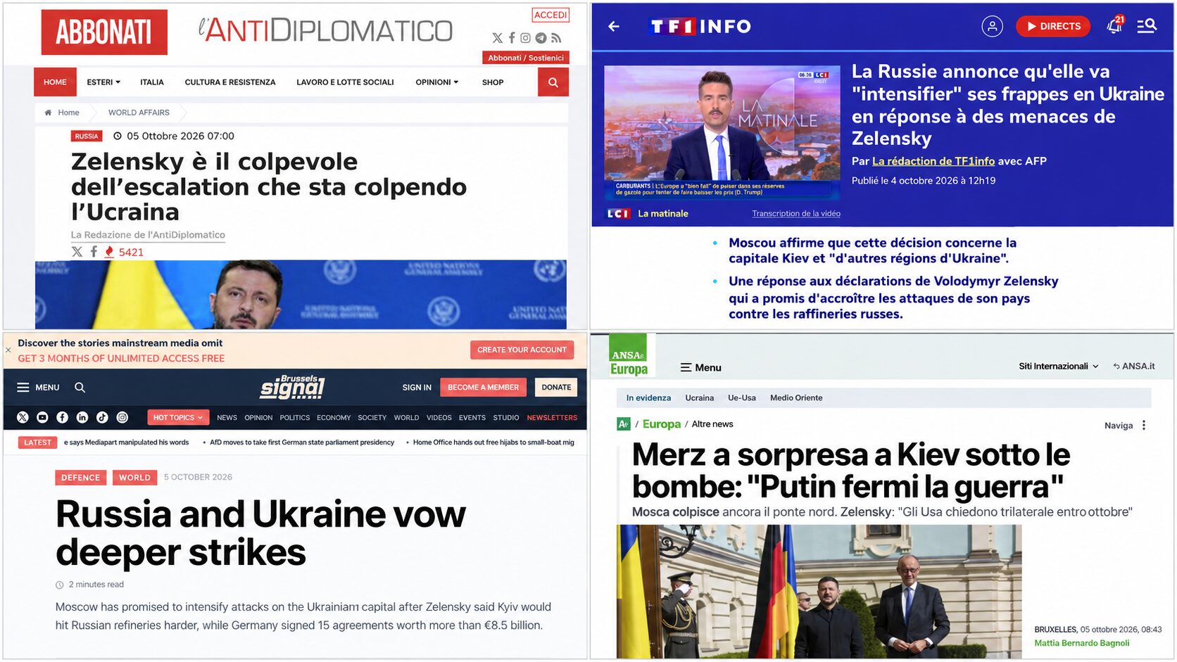 Колаж заголовків Le Monde, Commons та EU Today про українські удари у відповідь, російські погрози і заяву Штайнмайера